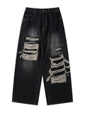 FOESCE 2025 MRNEARLY American High end Perforated Denim Pants for Men's Design Sense Small and Loose Wide Leg Straight Leg Pants hiphop