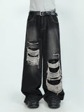 FOESCE 2025 MRNEARLY American High end Perforated Denim Pants for Men's Design Sense Small and Loose Wide Leg Straight Leg Pants hiphop