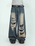 FOESCE 2025 MRNEARLY American High end Perforated Denim Pants for Men's Design Sense Small and Loose Wide Leg Straight Leg Pants hiphop