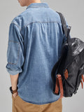 FOESCE 2025 New Denim Cotton Men's Shirt Long Sleeve Black Blue Drop Shoulder Button Pockets Cowboy Loose Casual Work Jeans Shirts
