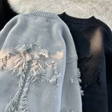 FOESCE 2025 Y2k Streetwear Sweater Men New Retro Hole Fringed Sweater Loose Versatile Knitwear Pullovers Long Sleeve Jumpers Clothing