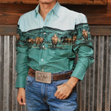 FOESCE 2025 Men's Long Sleeve Western Denim Shirt, Outdoor Casual Party, HD Pattern, Soft and Comfortable Button Lapel T-shir