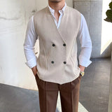 FOESCE 2025 Men's Sleeveless V-neck Knitted Sweater Business Autumn Winter Solid Color Single Breasted Vest Jackets Male Slim Waistcoat