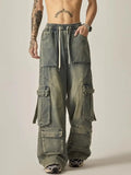 FOESCE 2025 New High Street Summer Retro Washed Straight Tube Workwear Jeans Pockets for Men and Women Casual Loose American Pants y2k