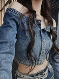 FOESCE 2025 Ropa Mujer Harajuku Fashion Casual Outwear Streetwear Y2k Jackets for Women Vintage Long Sleeve Slash Neck Denim Coat Tops