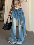 FOESCE 2025 Ropa Y2K Fashion Ribbon Washed Blue Slim Stacked Flare Jeans Pants For Women Designer Clothes Gothic Lady Denim Trousers