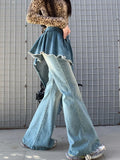 FOESCE 2025 Ropa Y2K Fashion Ribbon Washed Blue Slim Stacked Flare Jeans Pants For Women Designer Clothes Gothic Lady Denim Trousers