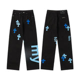 FOESCE 2024 Spring Summer Croce Heart Stickers Cross Legs Micro Flared High Craft Jeans Casual Scene Straight Leg Denim Pants