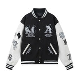 FOESCE 2024amirinew Men's Women's Loose-fit Baseball Jacket Cartoon Embroidery Pattern Autumn/winter Stylish Splice Leather Sleeve