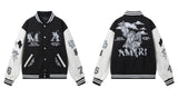 FOESCE 2024amirinew Men's Women's Loose-fit Baseball Jacket Cartoon Embroidery Pattern Autumn/winter Stylish Splice Leather Sleeve