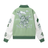 FOESCE 2024amirinew Men's Women's Loose-fit Baseball Jacket Cartoon Embroidery Pattern Autumn/winter Stylish Splice Leather Sleeve