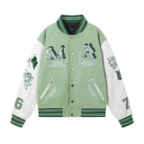 FOESCE 2024amirinew Men's Women's Loose-fit Baseball Jacket Cartoon Embroidery Pattern Autumn/winter Stylish Splice Leather Sleeve
