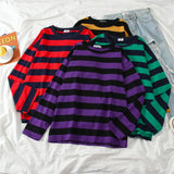 FOESCE 5 colors Women Cotton Purple Striped Tops Slim Fit t shirt Harajuku Tshirt Summer Long Sleeve Korean Feminina oversized t shirt