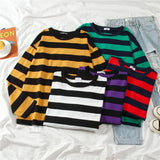 FOESCE 5 colors Women Cotton Purple Striped Tops Slim Fit t shirt Harajuku Tshirt Summer Long Sleeve Korean Feminina oversized t shirt