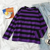 FOESCE 5 colors Women Cotton Purple Striped Tops Slim Fit t shirt Harajuku Tshirt Summer Long Sleeve Korean Feminina oversized t shirt