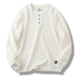 FOESCE 85% Cotton Henry Collar Waffle Pattern T Shirts for Men 2025 Spring Fashion Long Sleeve Solid Basic Tees Youth Male Casual Tops