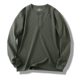 FOESCE 85% Cotton Henry Collar Waffle Pattern T Shirts for Men 2025 Spring Fashion Long Sleeve Solid Basic Tees Youth Male Casual Tops