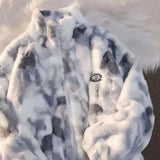 2024 Women Tie Dye Lamb Fleece Jacket Autumn Winter Zipper Outerwear Warm Plush Jackets Harajuku Casual Loose Female Thick Coat