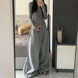 FOESCE Oversize Woman Grey Black Sweatpants Y2K Korean Streetwear Loose Casual Jogger Pants High Waist All Match Drawstring Trousers
