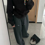 FOESCE Oversize Woman Grey Black Sweatpants Y2K Korean Streetwear Loose Casual Jogger Pants High Waist All Match Drawstring Trousers
