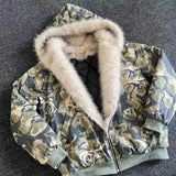 FOESCE American Camouflage Fur Collar Thickened Jacket Cotton Streetwear Retro Trend Men's Loose Hooded Coats Thickened Warm Jacket