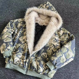 FOESCE American Camouflage Fur Collar Thickened Jacket Cotton Streetwear Retro Trend Men's Loose Hooded Coats Thickened Warm Jacket