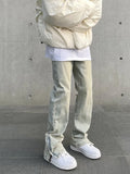 FOESCE American High Street Men's Jeans Casual Straight Stretch Fashion Vintage Washed Pants Zipper Split Denim Trousers Male Clothing
