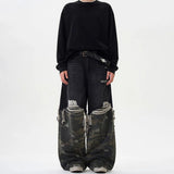 FOESCE American High Street Retro Camouflage Stitching Baggy Ripped Jeans Men 2025 Summer New Fashion Washed Straight Y2k Trousers Men