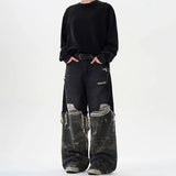 FOESCE American High Street Retro Camouflage Stitching Baggy Ripped Jeans Men 2025 Summer New Fashion Washed Straight Y2k Trousers Men