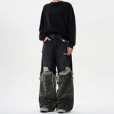 FOESCE American High Street Retro Camouflage Stitching Baggy Ripped Jeans Men 2025 Summer New Fashion Washed Straight Y2k Trousers Men
