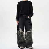 FOESCE American High Street Retro Camouflage Stitching Baggy Ripped Jeans Men 2025 Summer New Fashion Washed Straight Y2k Trousers Men