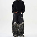 FOESCE American High Street Retro Camouflage Stitching Baggy Ripped Jeans Men 2025 Summer New Fashion Washed Straight Y2k Trousers Men