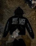 FOESCE American Retro Hip Hop Punk Rhinestone Embroidery Zipper Hoodie Y2k Gothic Mens Loose Grunge Hooded Sweatshirt Rock Streetwear