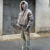 FOESCE American Retro Woolen Collar Hooded Cotton Jacket Winter Thick Plush Top Men Street Hip-Hop Gothic Harajuku Oversize Jacket Coat
