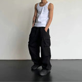 FOESCE American Style Casual Pants Cargo Trousers High Street Drawstring Workwear Trendy Loose Versatile Straight Wide-Leg Casual Pants