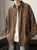 FOESCE Autumn Plaid Corduroy Men Shirts 2025 New Y2K Streetwear Workwear Blouses Retro Long Sleeve Cargo Shirt Loose Casual Tops