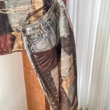 FOESCE Autumn Retro 3D Printed Patchwork Baggy Jeans Men's Ripped Straight Wide-Leg Denim Trousers 2025 Y2K Streetwear Distressed Jean