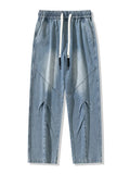 FOESCE Big Size Men's Jeans 8XL 7XL 6XL String Banding Wide Leg Straight Denim Pants Washed Cotton Casual Baggy Jean Trousers Male