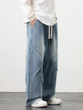 FOESCE Big Size Men's Jeans 8XL 7XL 6XL String Banding Wide Leg Straight Denim Pants Washed Cotton Casual Baggy Jean Trousers Male
