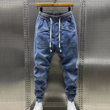 FOESCE Cargo Harem Trousers Spring Autumn Men Jeans Fashion Drawstring Pockets Denim Pants Solid Color Casual Multi-pocket Men Trousers