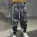 FOESCE Cargo Harem Trousers Spring Autumn Men Jeans Fashion Drawstring Pockets Denim Pants Solid Color Casual Multi-pocket Men Trousers