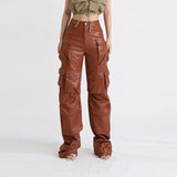 FOESCE Cargo Pants for Women Autumn 2025 New Fashion Versatile Casual Loose Fitting Multi Pocket PU Leather Trousers Streetwear Clothes