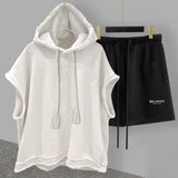 FOESCE Casual Sports Shorts Suit Men's Summer Solid Color Hooded Vest Letter Printing Straight Five-point Pants Loose and Versatile