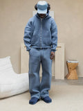 FOESCE Casual sets Solid Tracksuit for Men Zipper Long Sleeve Hooded Sweatshirt Straight Pants 2 Piece Set Plush Hoodie Trousers Suits