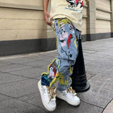 FOESCE Chinese Painting Embroidered Patch Denim Ripped Jeans for Men Streetwear Washed Destroyed Pleated Straight Jean Male Tassels