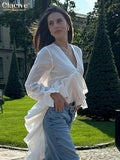FOESCE Clacive Sexy Loose White Women's Shirt 2025 Fashion V-Neck Long Sleeve Shirts Elegant Ruffle Irregular Top Female Clothing