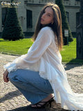 FOESCE Clacive Sexy Loose White Women's Shirt 2025 Fashion V-Neck Long Sleeve Shirts Elegant Ruffle Irregular Top Female Clothing