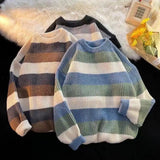 FOESCE Comfortable Men Sweater Men's Striped Colorblock Knitted Sweater Thick Warm O Neck Pullover for Fall Winter Soft Long Sleeve