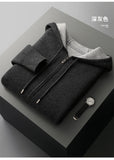 FOESCE Comfortable and lazy new 100% Merino wool men's hooded sweater loose and thick zipper casual cardigan coat for autumn and winter