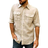 FOESCE Cotton Linen Men's Shirt Long Sleeve Solid Color Casual Tops Lapel Double Pocket Design Classic Shirt Trendy Male Clothing